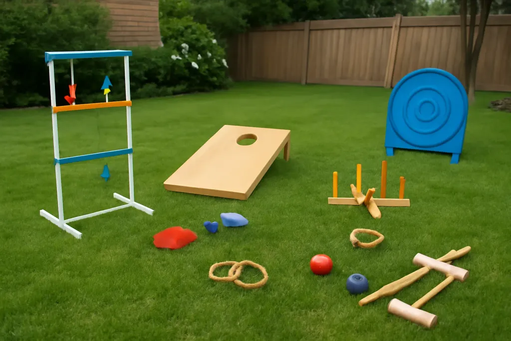 Editorial photograph of a family backyard set up with several lawn games spread across the grass for mixed-age play