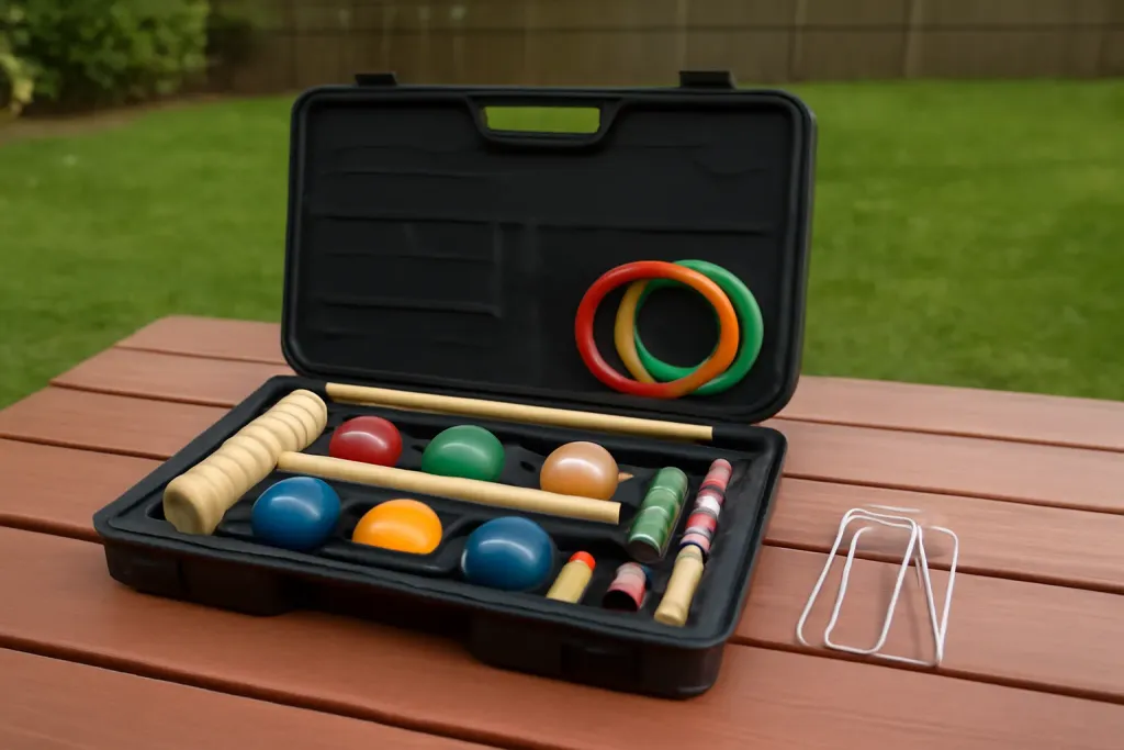Editorial photograph of an unbranded lawn game combo set case open on a picnic table with pieces displayed