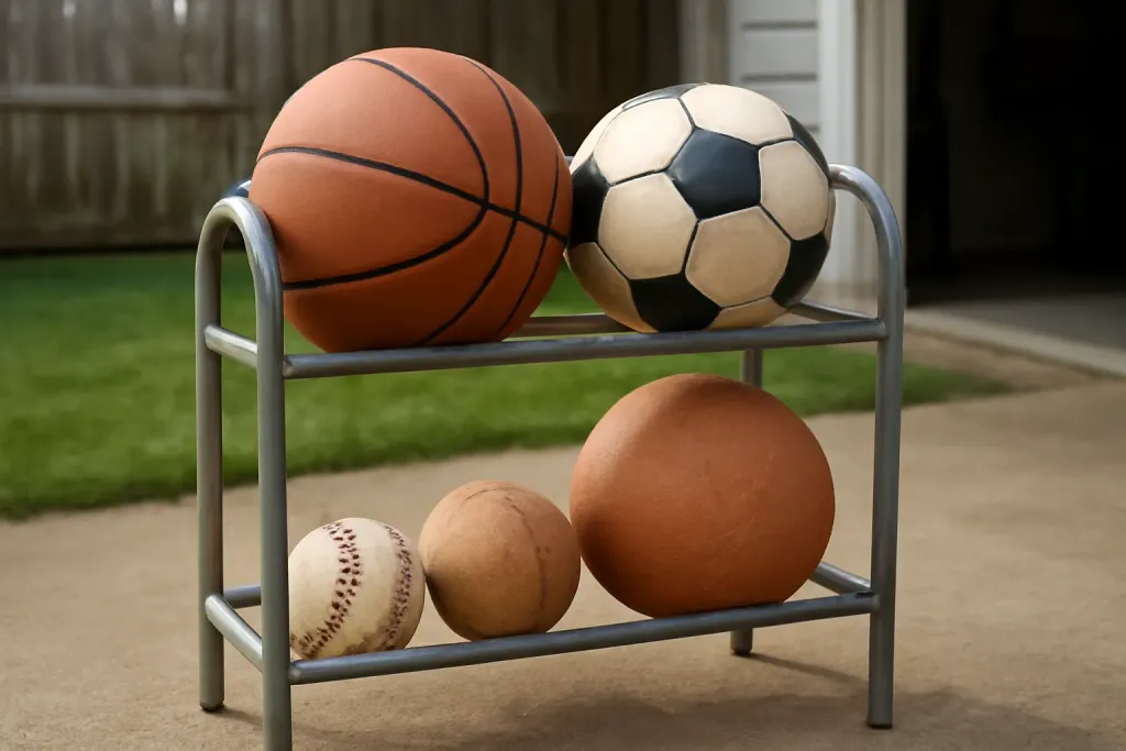 Editorial photograph of a close-up of an unbranded ball rack holding several balls of different sizes