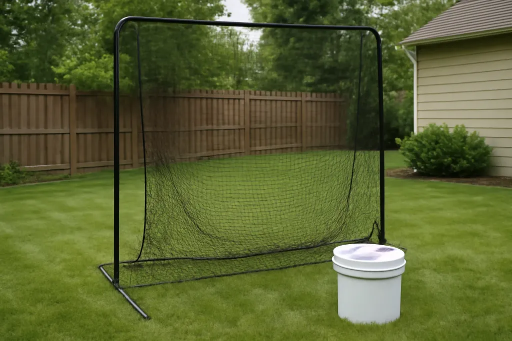 Editorial photograph of an unbranded baseball target practice net set up in a backyard with a bucket of balls nearby