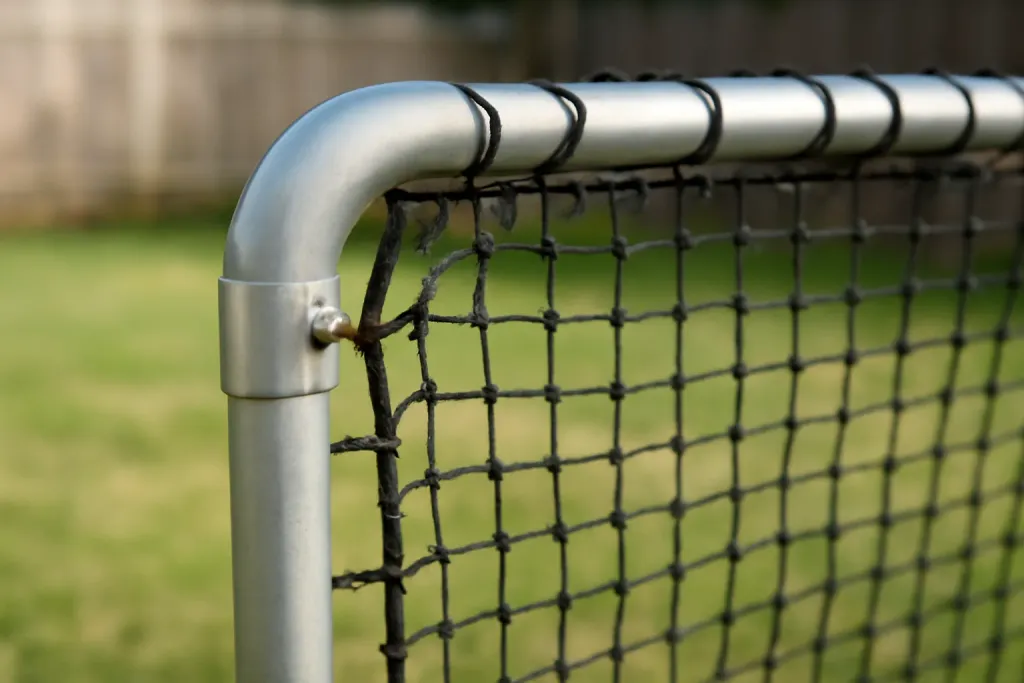Editorial photograph of a close-up of an unbranded target net's frame joint and mesh weave