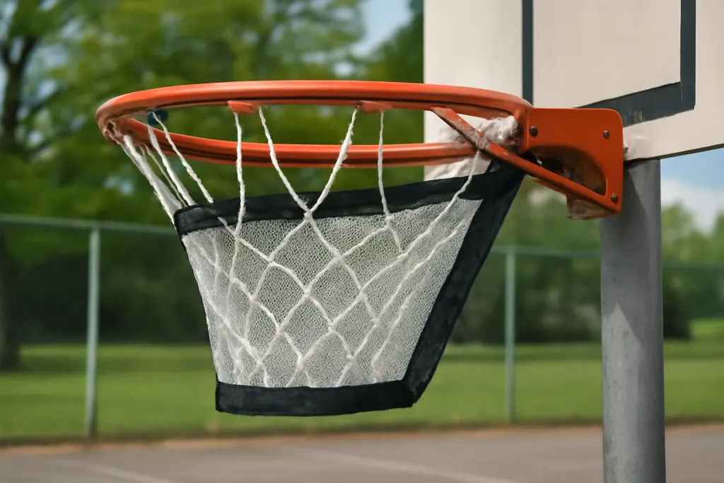 Editorial photograph of a close-up of an unbranded return net's rim mounting clips on a basketball hoop