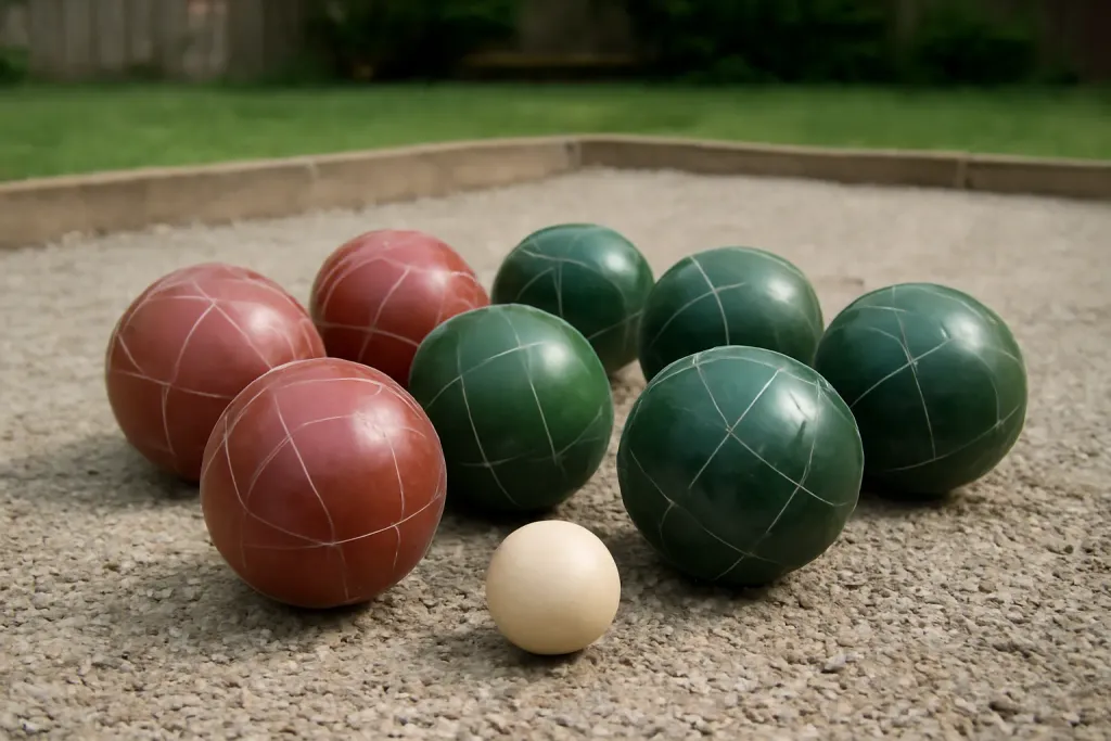 Editorial photograph of a set of unbranded resin bocce balls arranged on a gravel bocce court