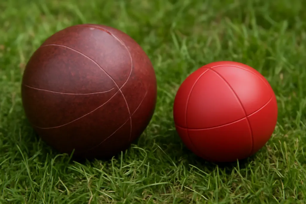 Editorial photograph of a close-up comparison of a resin bocce ball and a lighter plastic bocce ball on grass