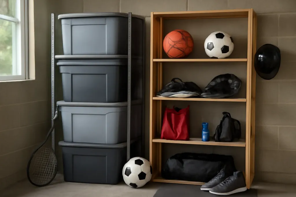 Photo illustrating bins vs open shelving sports gear