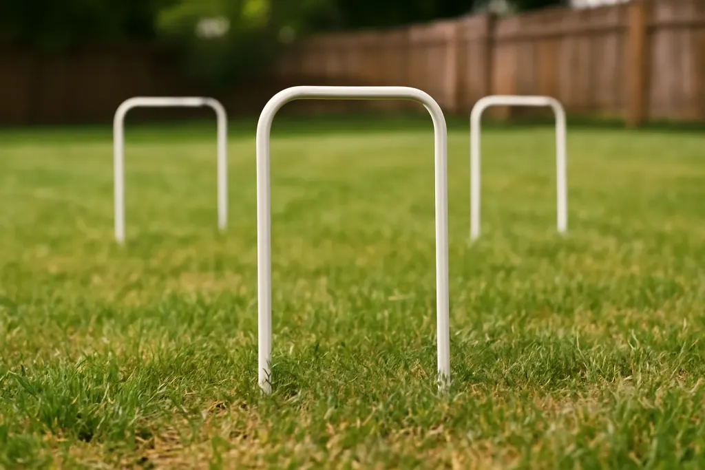 Editorial photograph of a close-up of unbranded croquet wickets set into grass in a backyard course layout