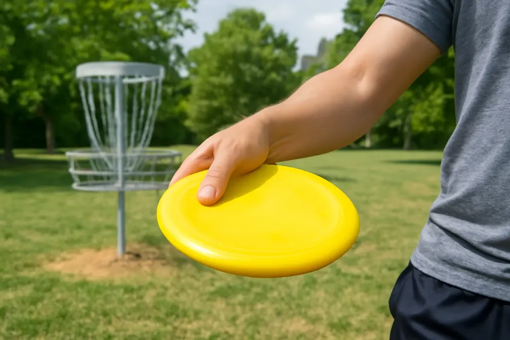 Editorial photograph of a person's hand gripping an unbranded disc golf disc mid-throw stance in a park