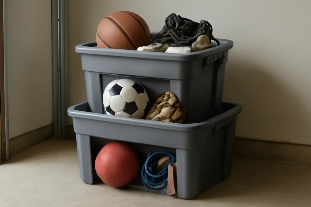 Editorial photograph of a close-up of stacked unbranded storage bins sorted by sport in a garage
