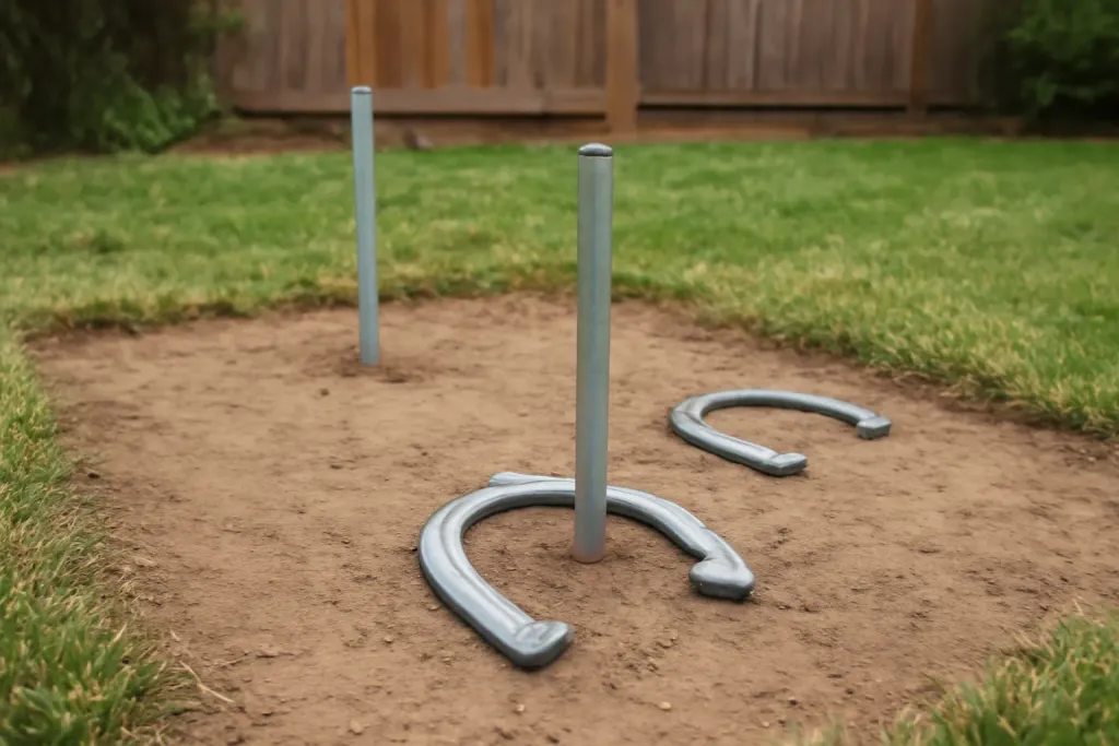 Editorial photograph of an unbranded horseshoe pitching set with two stakes set up in a backyard dirt pit