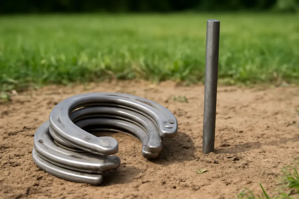 Editorial photograph of a close-up of unbranded horseshoes stacked near a pitching stake in a backyard