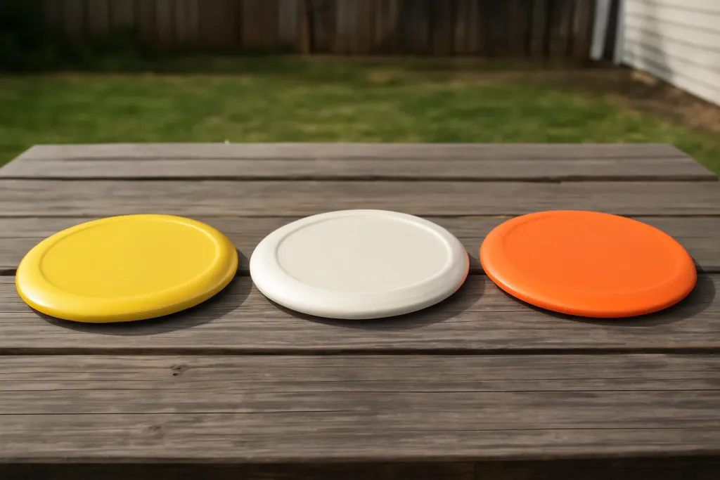 Editorial photograph of three unbranded disc golf discs of different types laid out for comparison on a picnic table