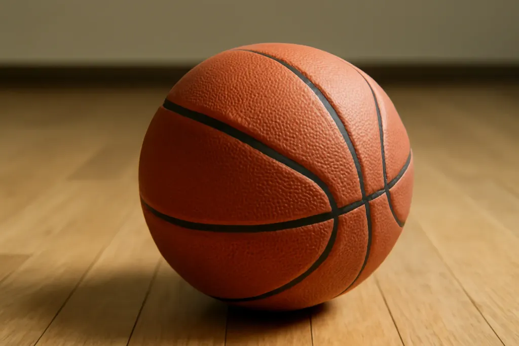 Editorial photograph of a close-up of an unbranded training basketball's textured surface on a wood floor