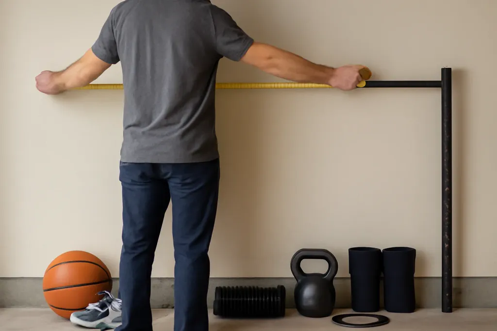 Photo illustrating measuring garage wall for storage rack