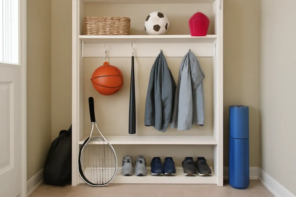 Photo illustrating mudroom sports storage small entryway