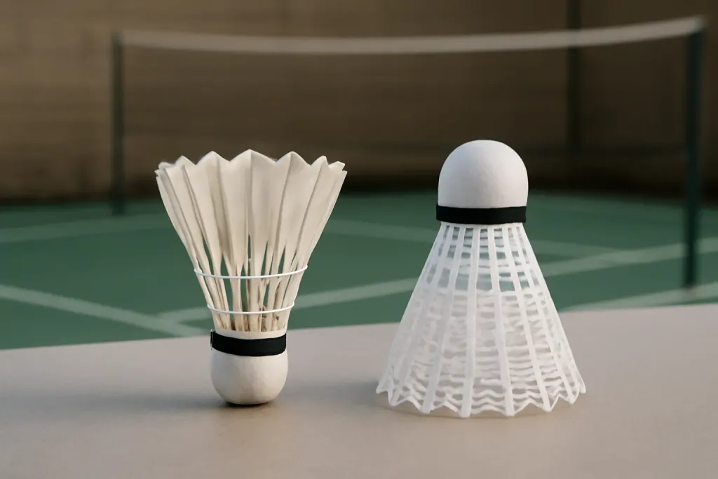 Editorial photograph of an unbranded feather shuttlecock and a nylon shuttlecock placed side by side on a table