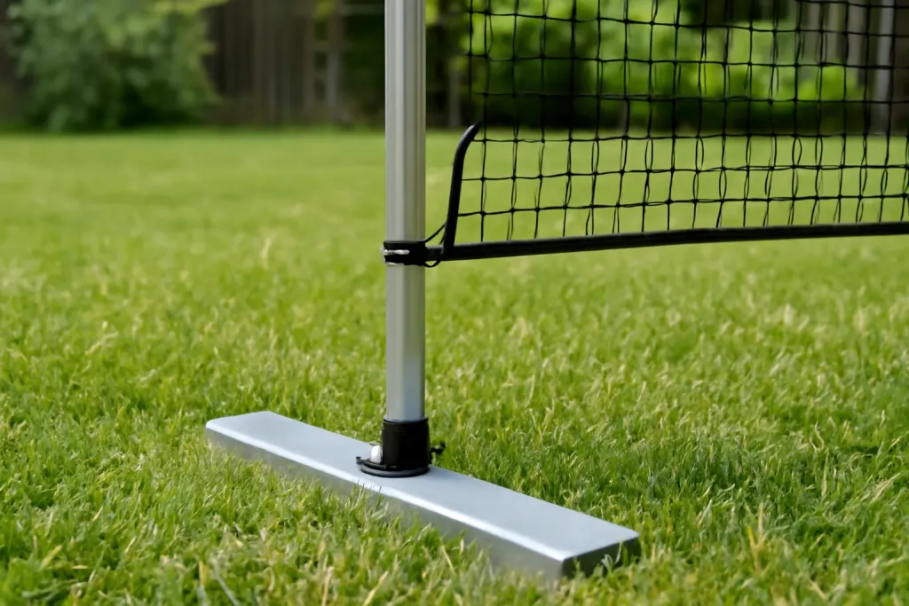 Editorial photograph of a close-up of an unbranded badminton net base and pole joint anchored on grass