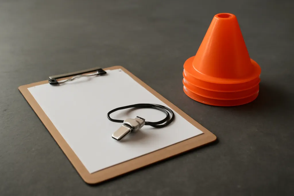 Editorial photograph of a close-up of a coach's clipboard, whistle, and cone set laid out on a gym floor