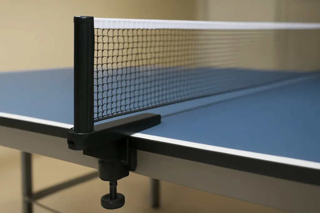 Editorial photograph of a close-up of an unbranded table-tennis net clamp mechanism on a tabletop