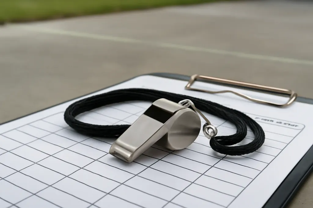 Editorial photograph of a close-up of an unbranded whistle and lanyard resting on a scorekeeping clipboard