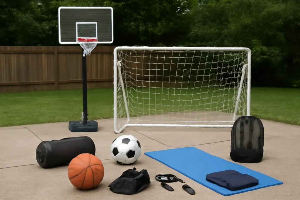 Photo illustrating backyard multi game station setup