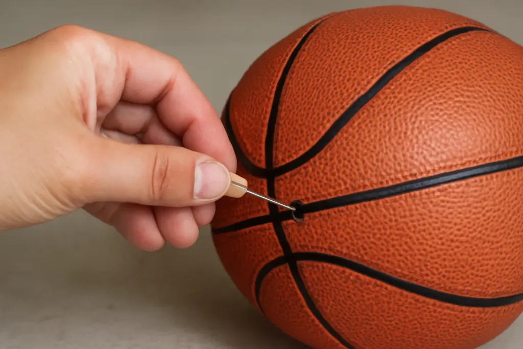 Editorial photograph of a close-up of an inflation needle being inserted into an unbranded basketball valve