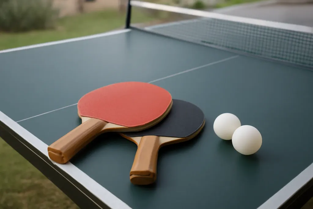 Editorial photograph of two unbranded table-tennis paddles and balls resting on the edge of a ping-pong table