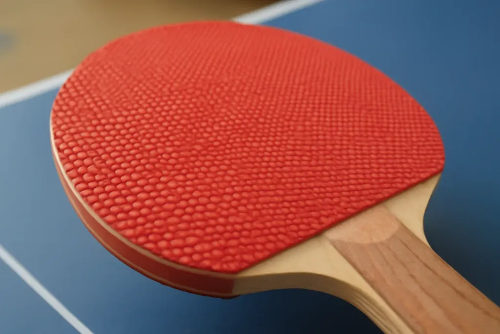 Editorial photograph of a close-up of an unbranded table-tennis paddle rubber surface texture