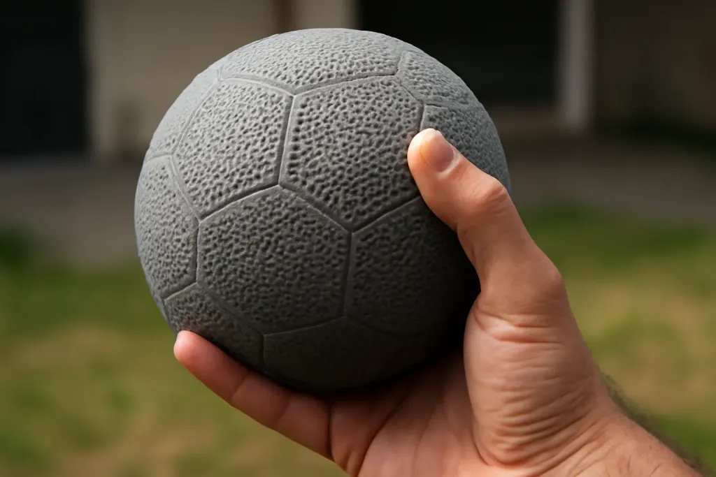 Editorial photograph of a close-up of an unbranded handball's textured grip surface in a player's hand