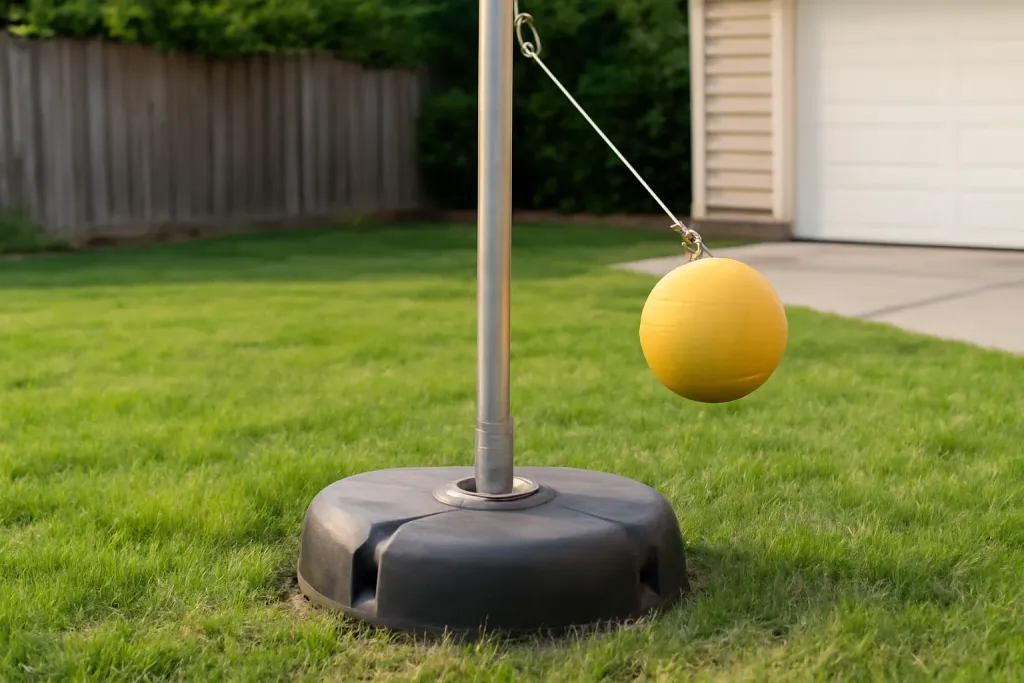 Editorial photograph of a close-up of an unbranded tetherball pole base anchored into a backyard lawn