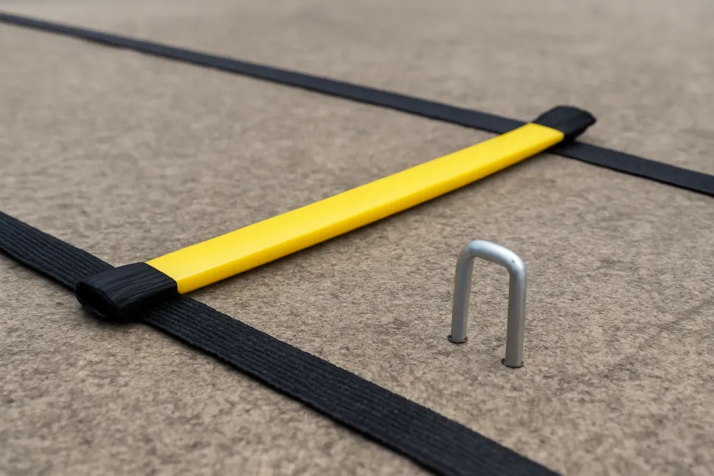 Editorial photograph of a close-up of an unbranded agility ladder rung and ground stake on pavement