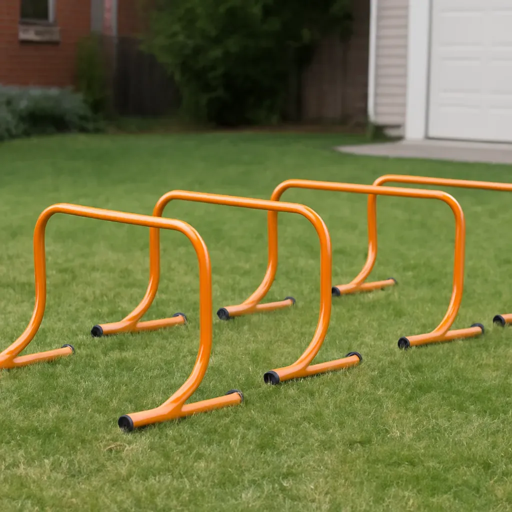 AI-generated editorial product photograph (not the exact linked listing) of agility hurdle set