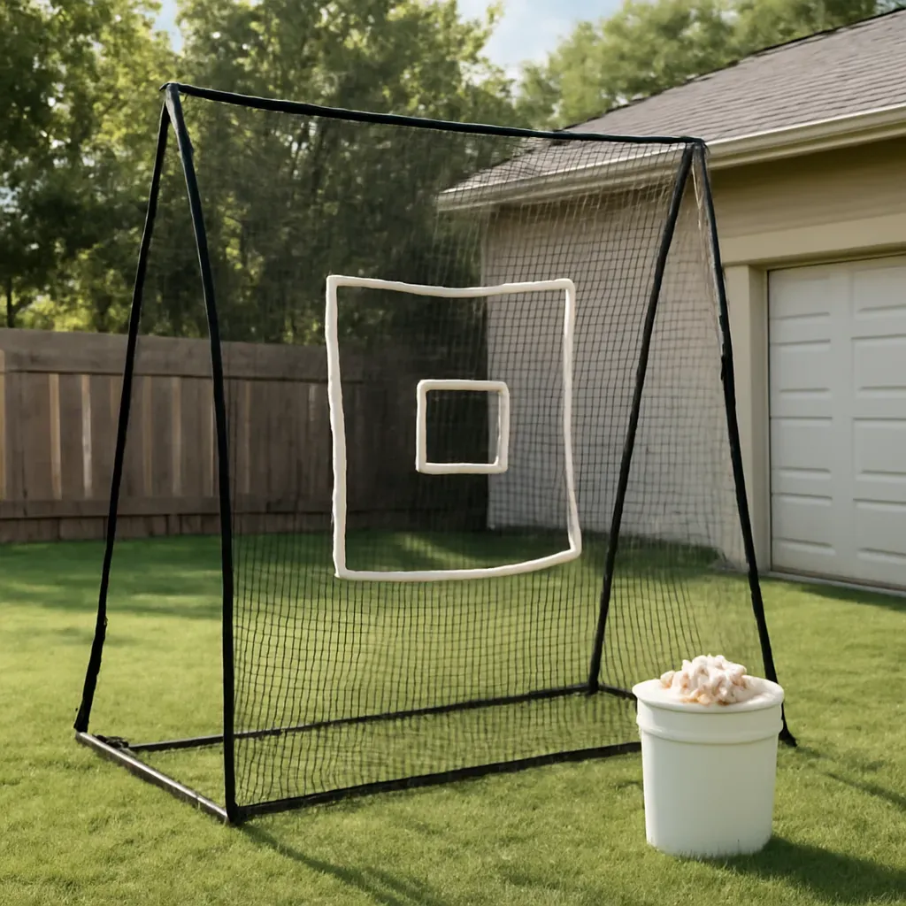 AI-generated editorial product photograph (not the exact linked listing) of baseball/softball target practice net