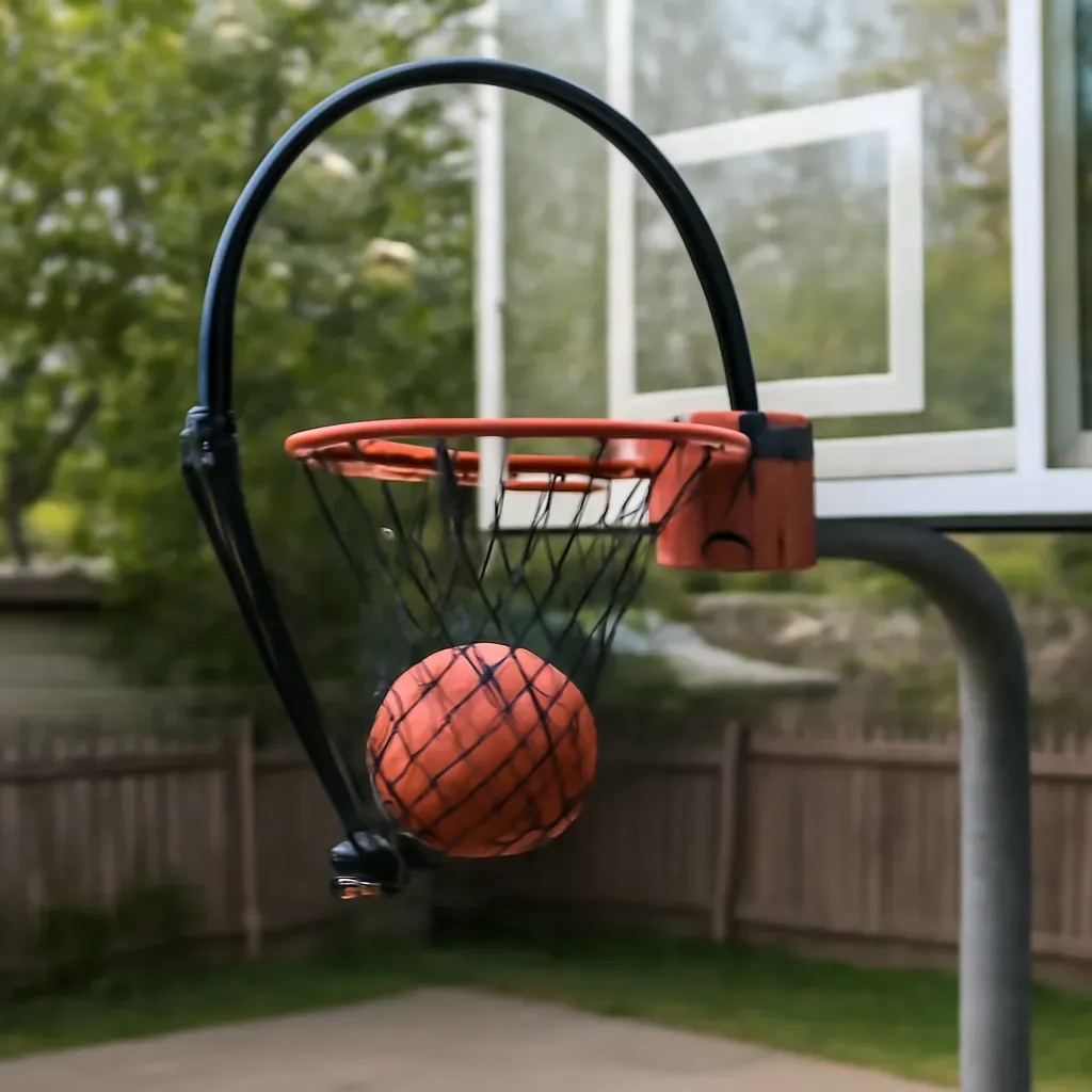 AI-generated editorial product photograph (not the exact linked listing) of basketball shot-arc training aid (non-electronic)
