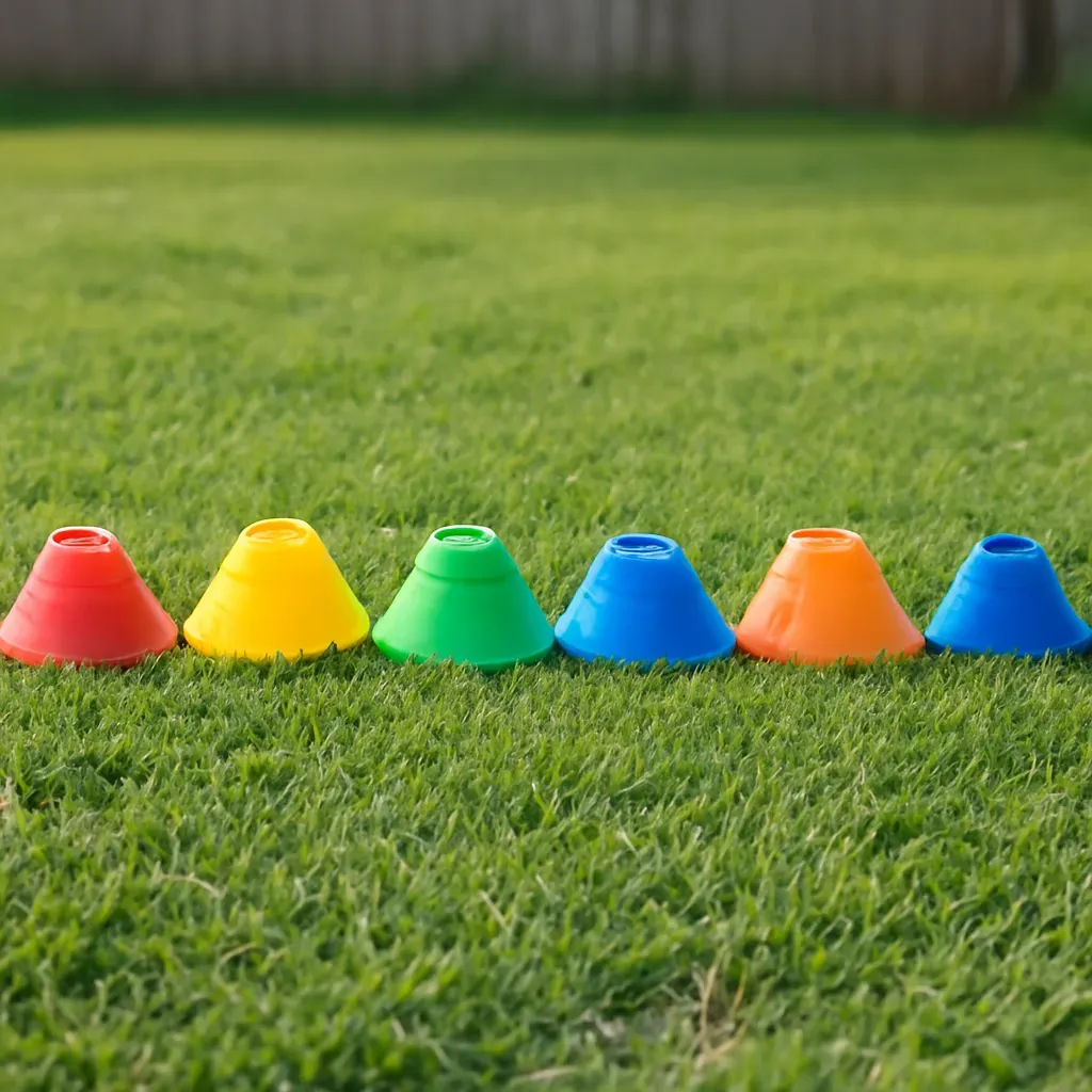 AI-generated editorial product photograph (not the exact linked listing) of beginner agility cone set (mini cones)