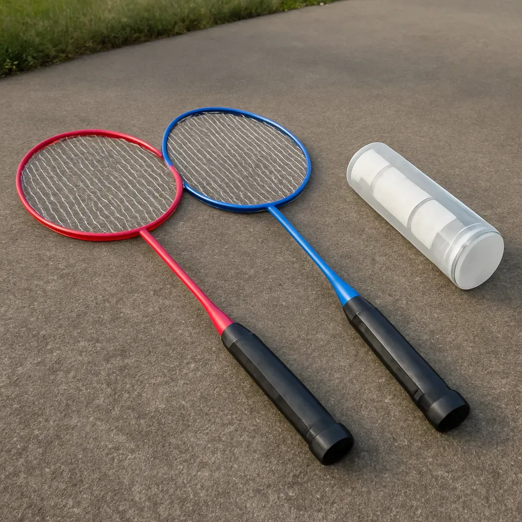 AI-generated editorial product photograph (not the exact linked listing) of beginner badminton racket set with shuttlecocks