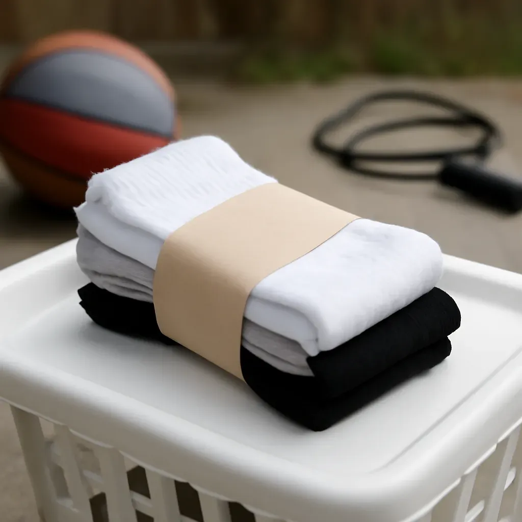 AI-generated editorial product photograph (not the exact linked listing) of care-friendly odor-resistant practice socks (multi-pack)
