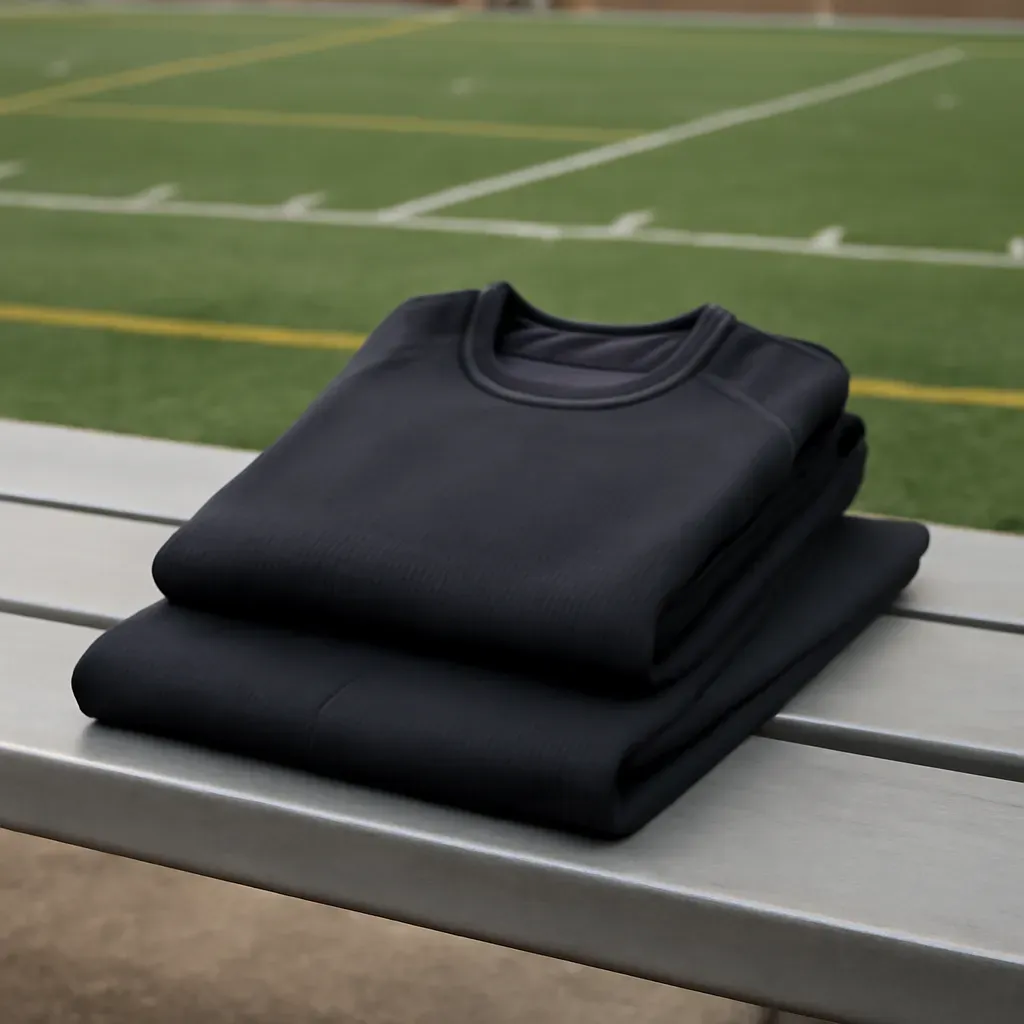 AI-generated editorial product photograph (not the exact linked listing) of layered base-layer set for cold-weather practice