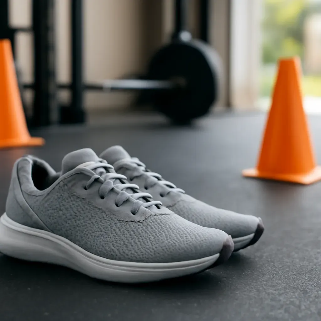 AI-generated editorial product photograph (not the exact linked listing) of lightweight cross-trainers for pe class