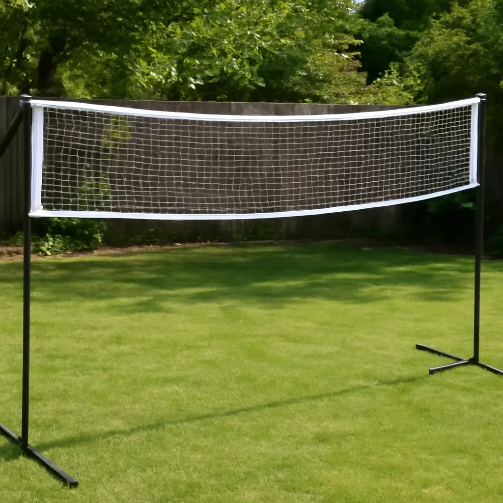 AI-generated editorial product photograph (not the exact linked listing) of outdoor volleyball/badminton combo net set