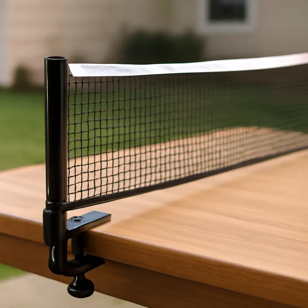 AI-generated editorial product photograph (not the exact linked listing) of portable table-tennis net and post set