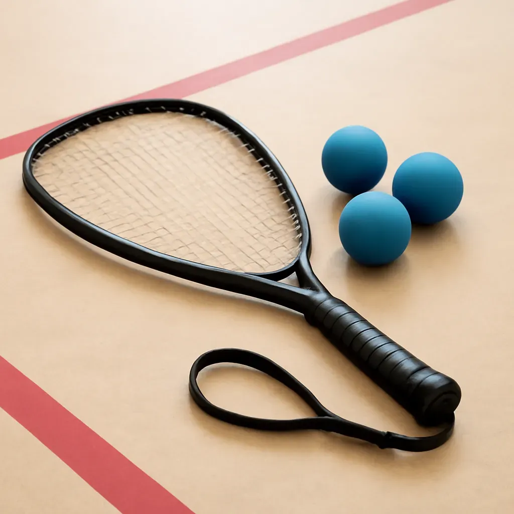 AI-generated editorial product photograph (not the exact linked listing) of racquetball racquet and ball set