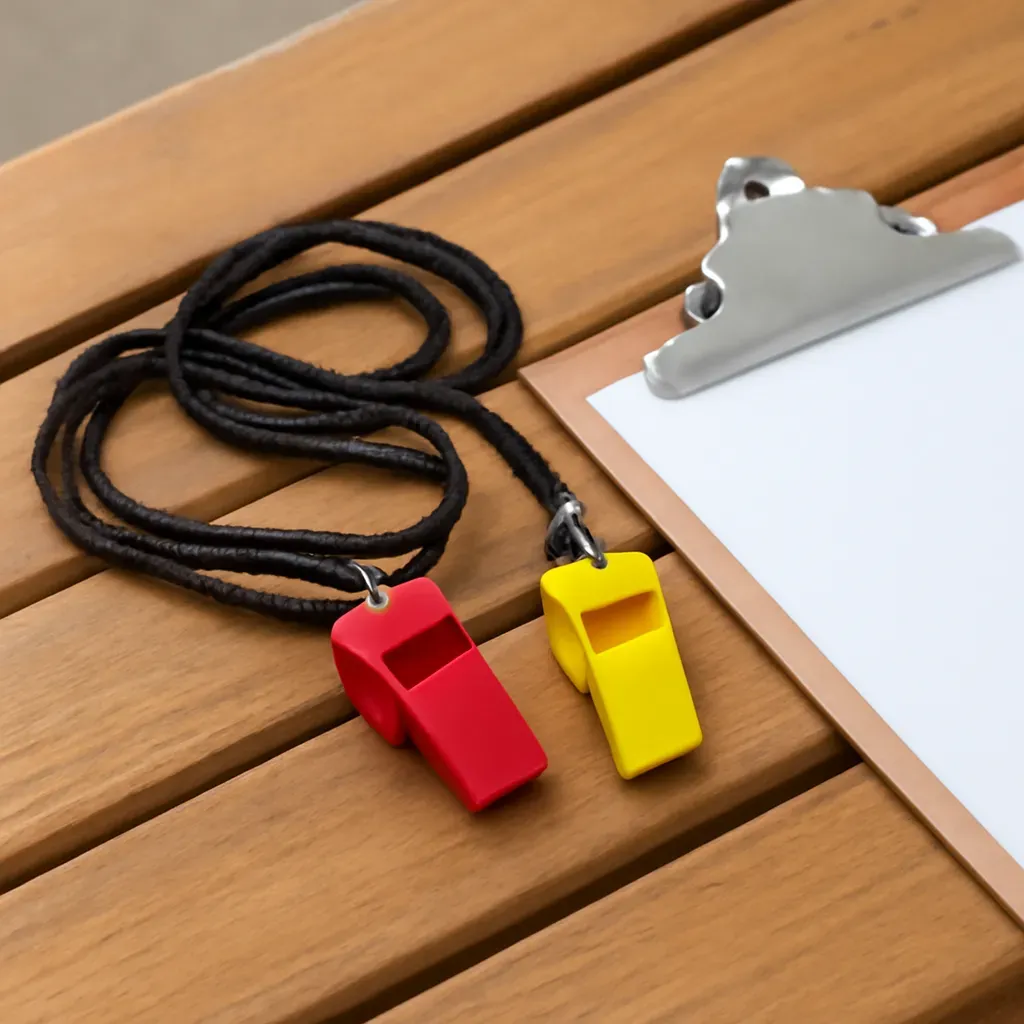 AI-generated editorial product photograph (not the exact linked listing) of referee-style whistle and lanyard set