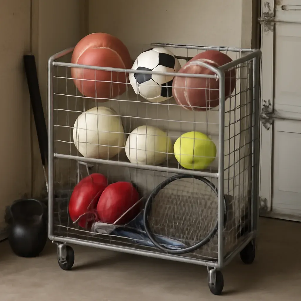 AI-generated editorial product photograph (not the exact linked listing) of rolling multi-sport equipment cart