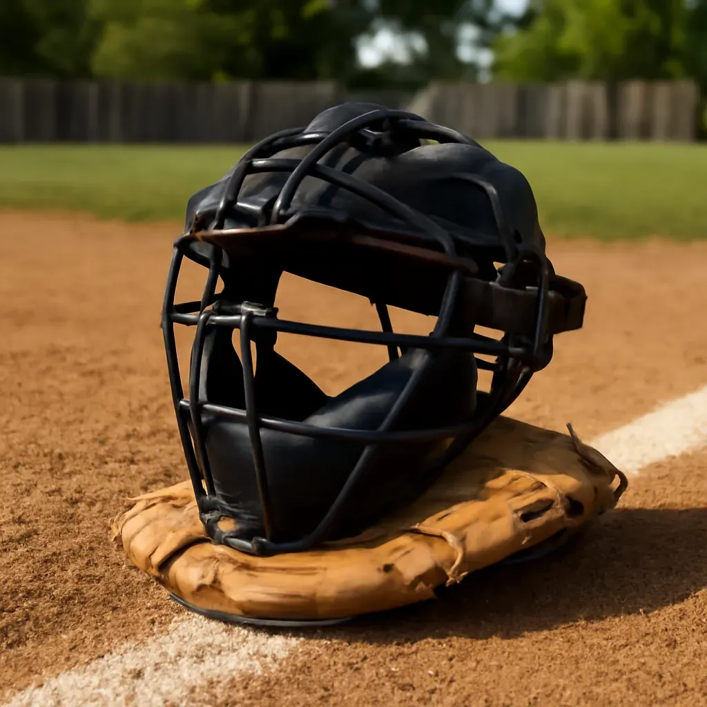AI-generated editorial product photograph (not the exact linked listing) of softball/baseball fielder's practice mask