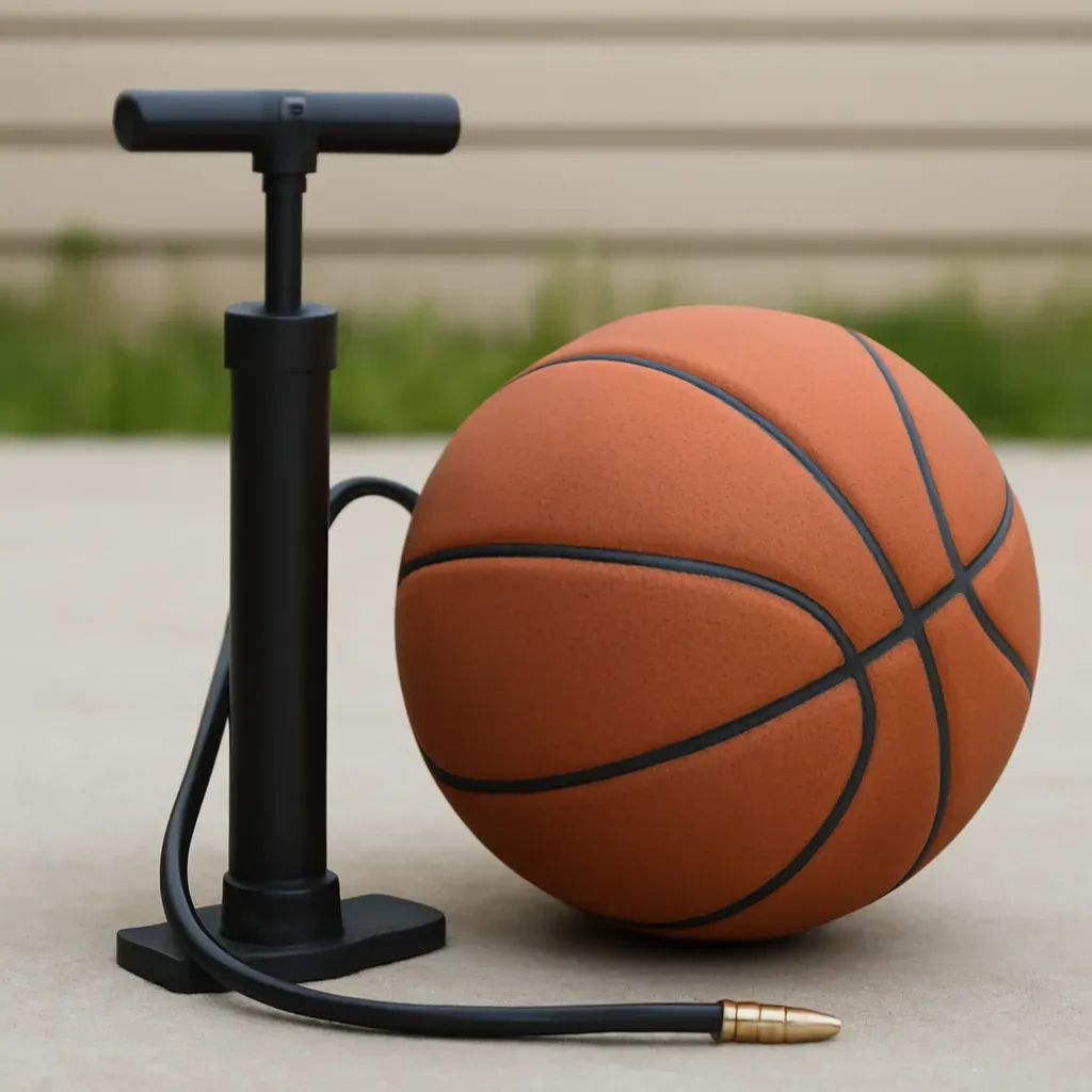 AI-generated editorial product photograph (not the exact linked listing) of sports ball pump with pressure gauge