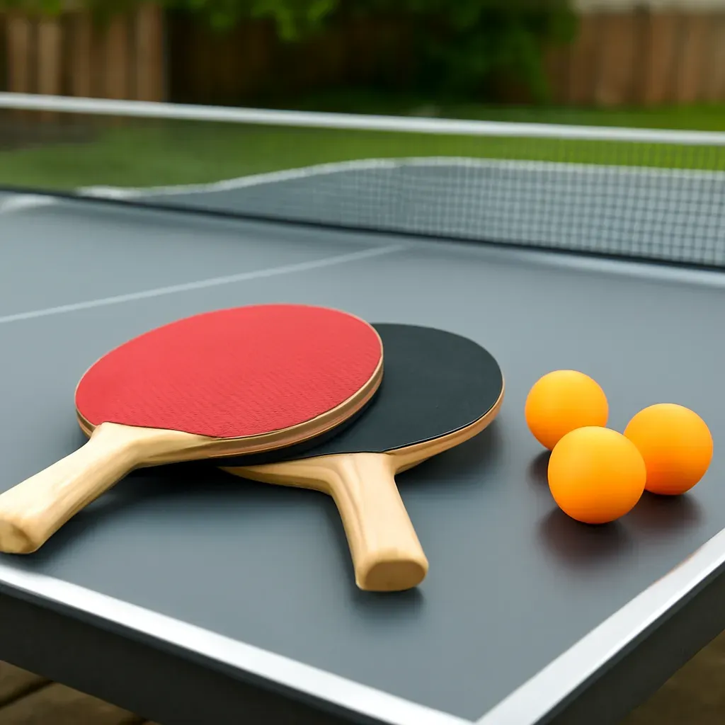 AI-generated editorial product photograph (not the exact linked listing) of table-tennis paddle and ball set