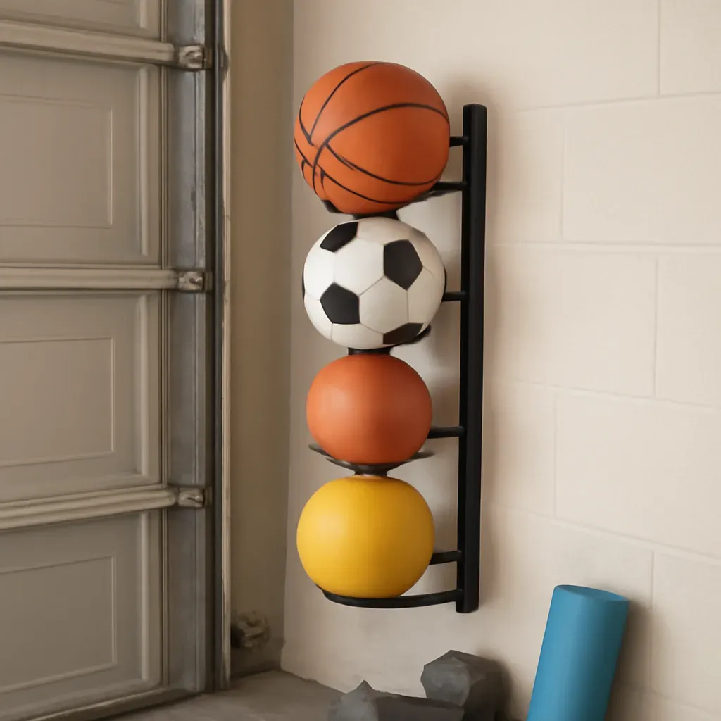 AI-generated editorial product photograph (not the exact linked listing) of wall-mounted ball storage rack