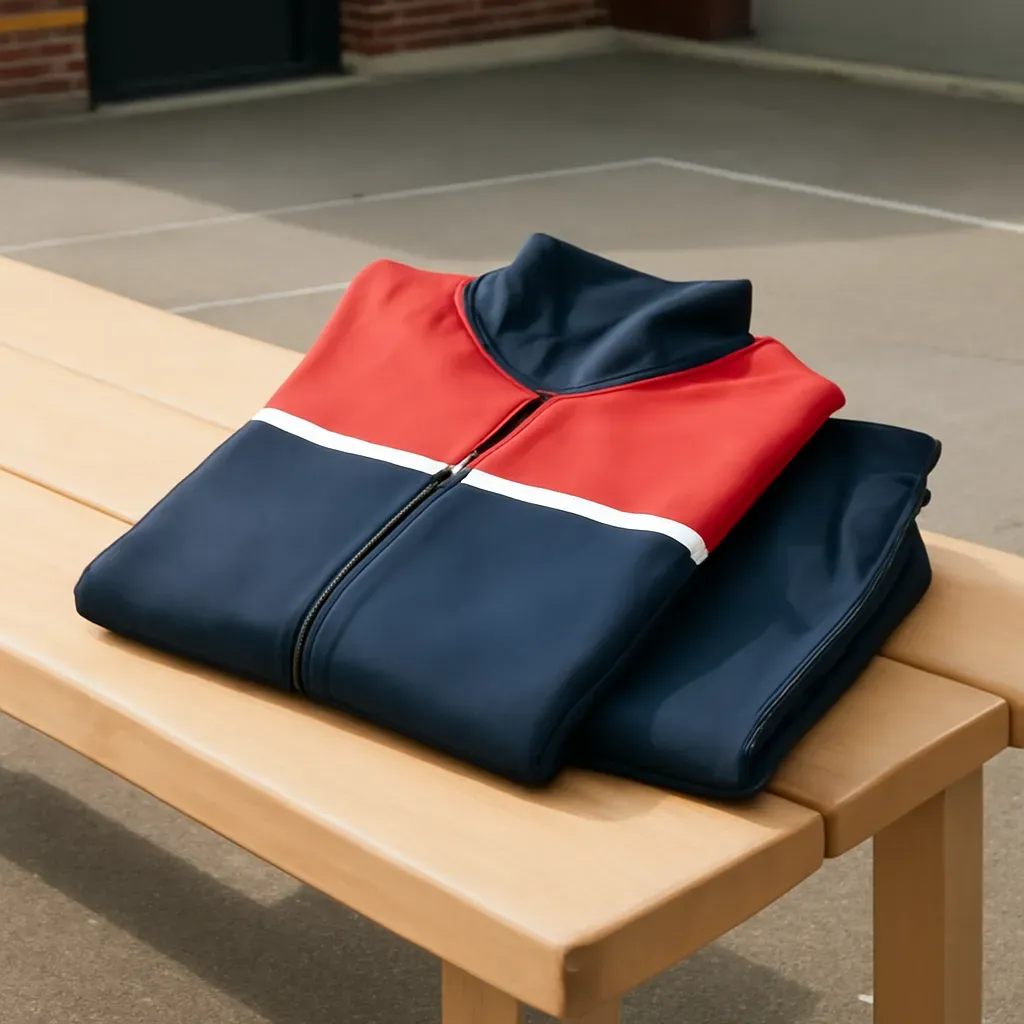 AI-generated editorial product photograph (not the exact linked listing) of weather-layering youth tracksuit set
