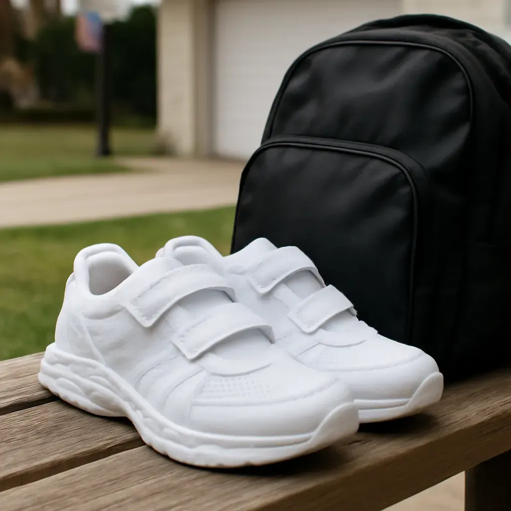 AI-generated editorial product photograph (not the exact linked listing) of wide-fit athletic shoes for youth growth room